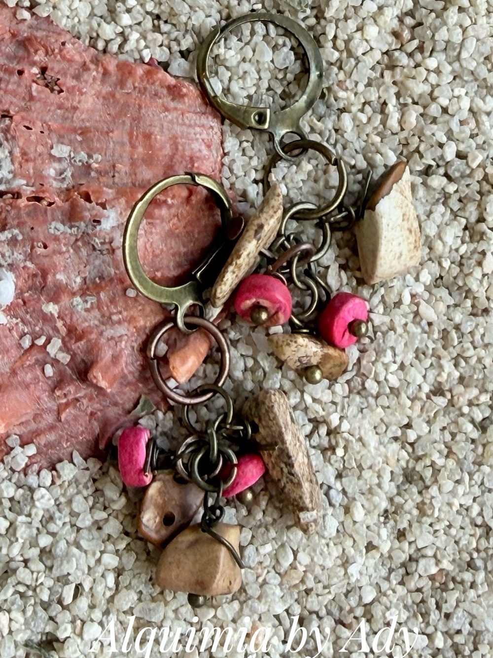 Red turquoise + Tan jasper rustic cluster earrings